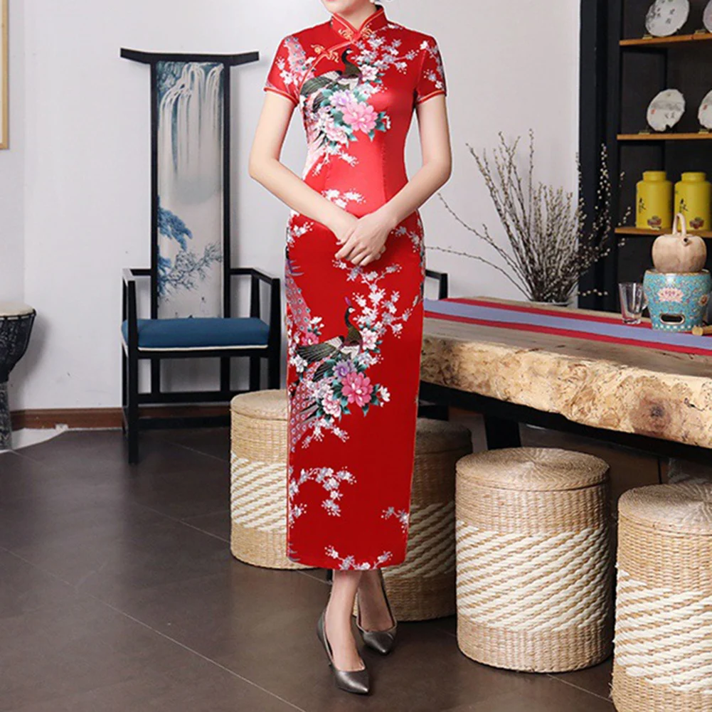 فستان تشيونغسام صيني تقليدي طويل للنساء مع شق في الحاشية وياقة عالية للمناسبات الأنيقة، متوفر بالمقاسات من S إلى XL