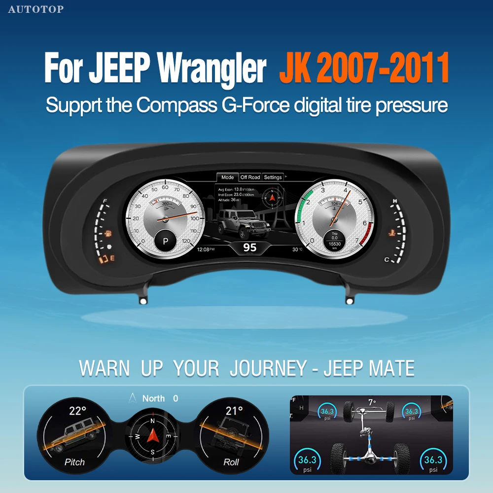 AUTOTOP Tableau de bord numérique 12,3 pouces 1920*720P pour Jeep Wrangler JK 2007-2018, compteur de vitesse, Plug and Play, G-force