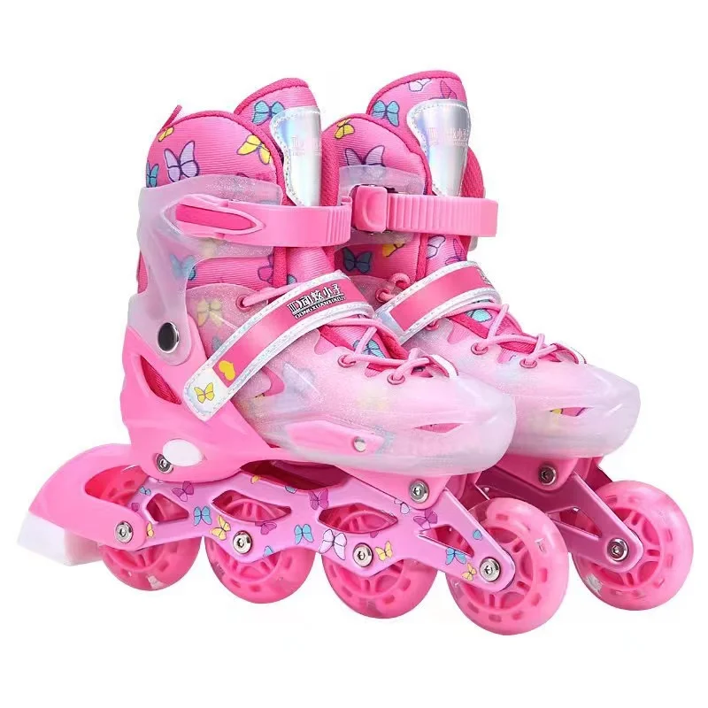 Inline Roller Skate Shoes para crianças, tênis de 4 rodas para iniciantes, rosa, azul, Parkour, presente para crianças, conjunto completo