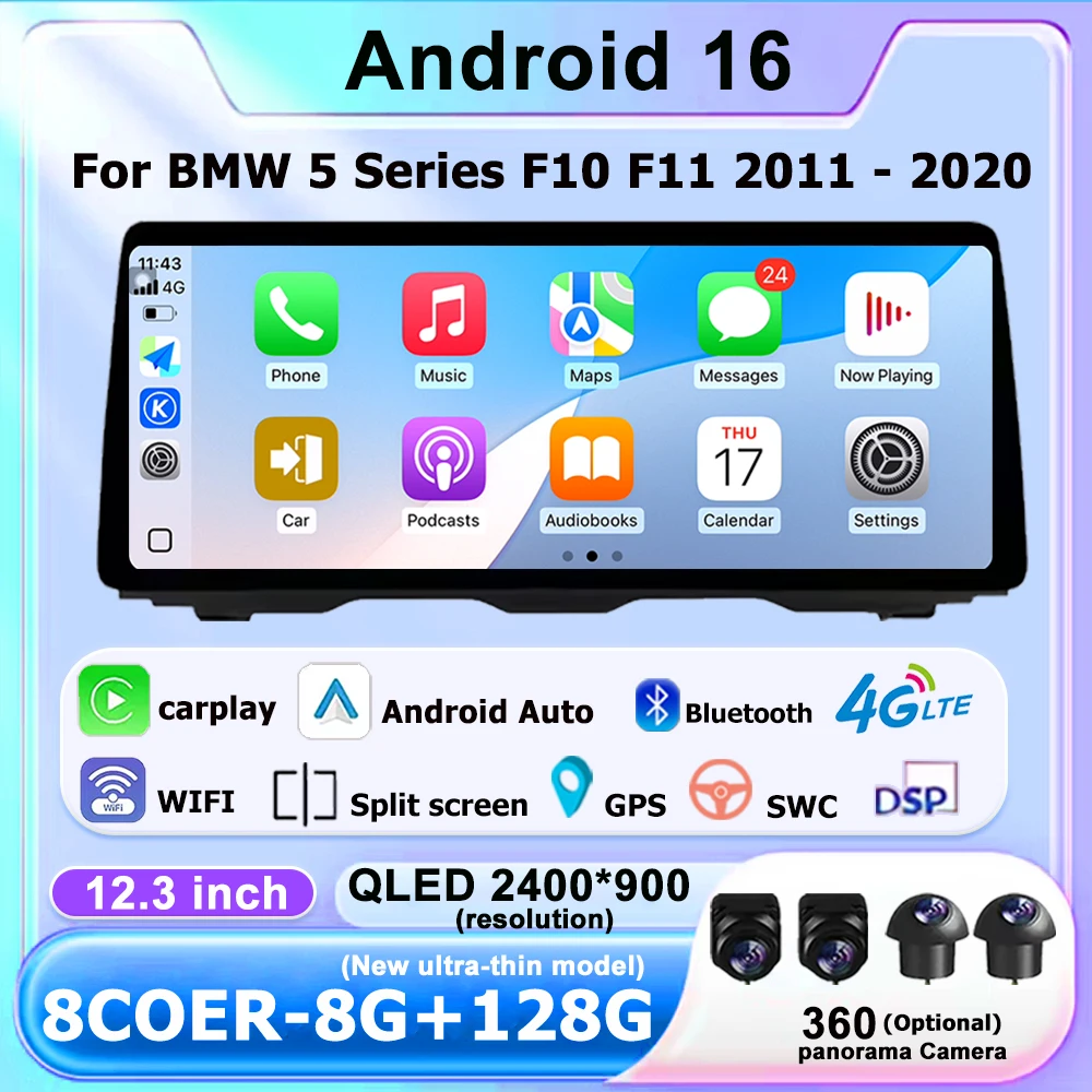 Android 16 CarPlay Auto Car Radio For BMW 5 Series F10 F11 2011-2020 CIC NBT EVO System Multimedia Player DSP Stereo WiFi BT