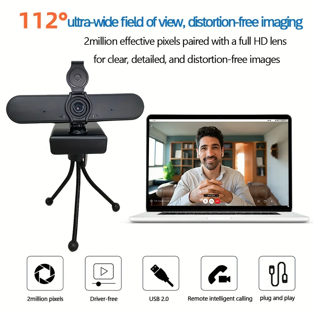 كاميرا ويب EXHQDR 1080P USB مع غطاء خصوصية، حامل ثلاثي القوائم، زاوية واسعة، 360 درجة °   الدوران والتوصيل والتشغيل للتكبير والبث ومكالمات الفيديو