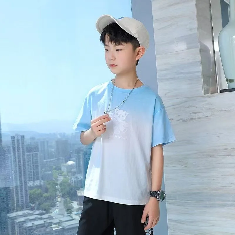 Summer Kids Clothes Boys Fashion American Style Cartoon Little Bear Gradient T Shirt Short Sleeve Tops Children's O-Neck Tees image 3