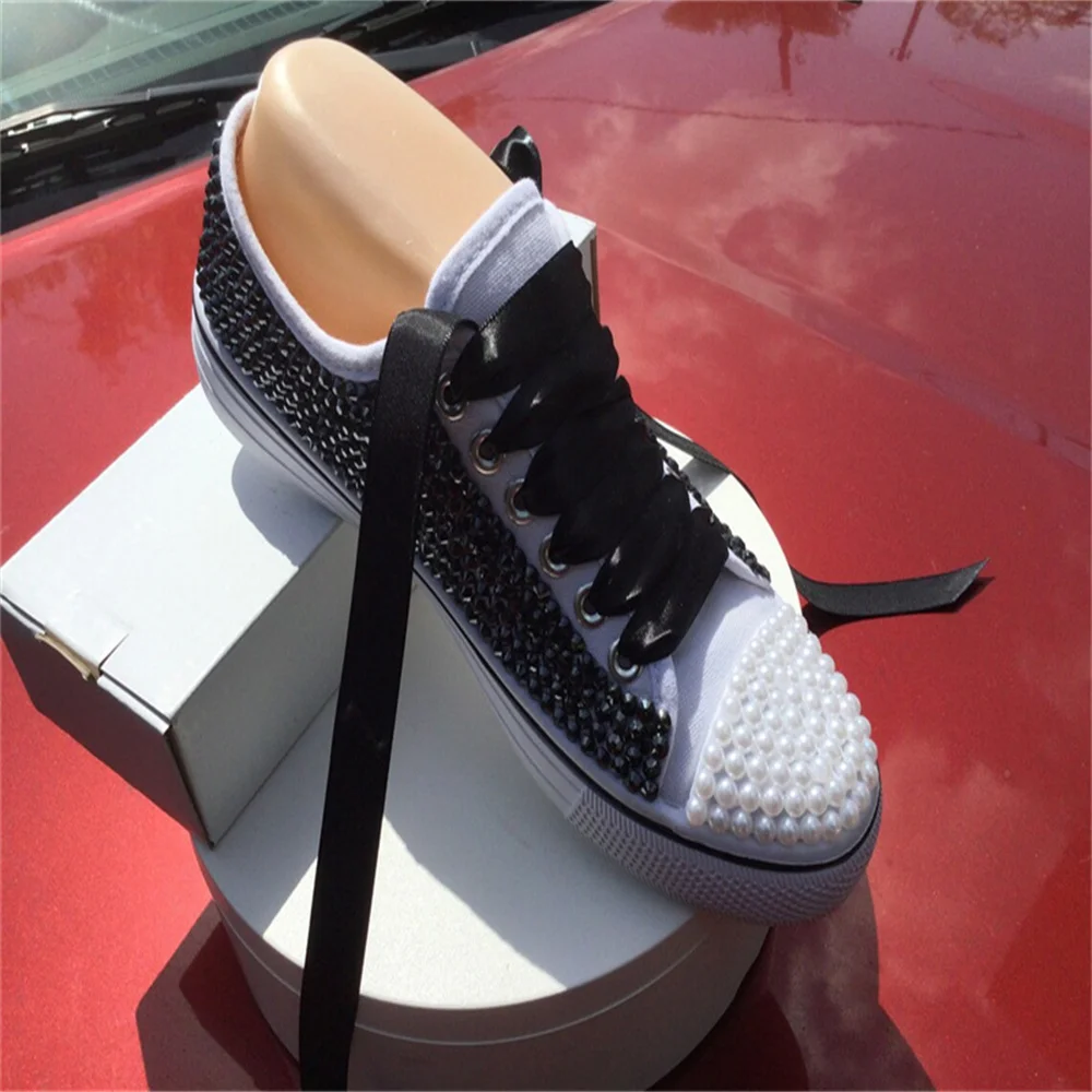 White low top black rhinestone pearl accessories customized style canvas shoes integrated sports casual shoes women\'s shoes35-46