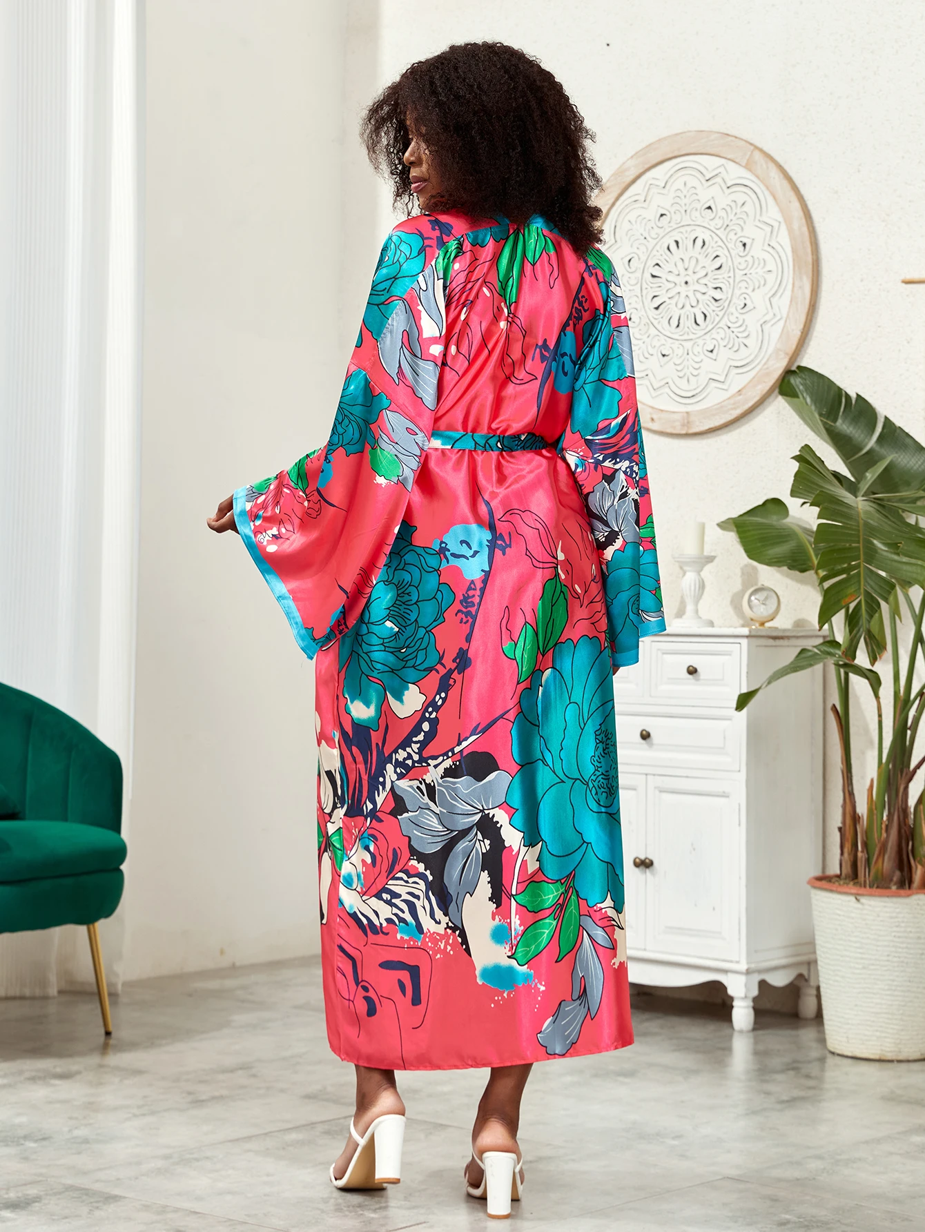 Plus Size Boho Kimono, damskie Plus nadruk lotosu kontrastowe wiązanie z długim rękawem z odkrytym przodem Kimono