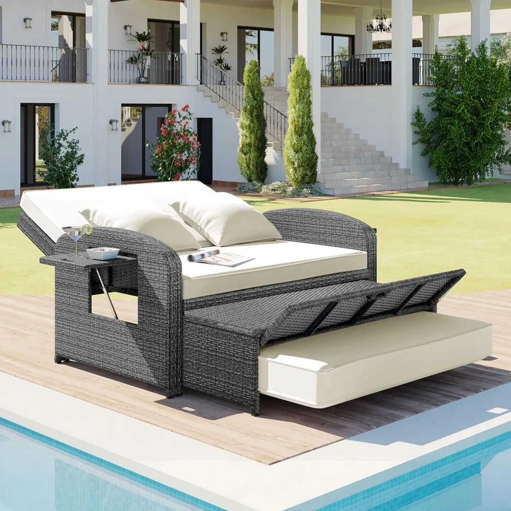 

Outdoor Wicker Daybed with Cushions, Convertible Rattan Loveseat with Storage Ottoman and Side Trays, 3-Level Adjustable Backres