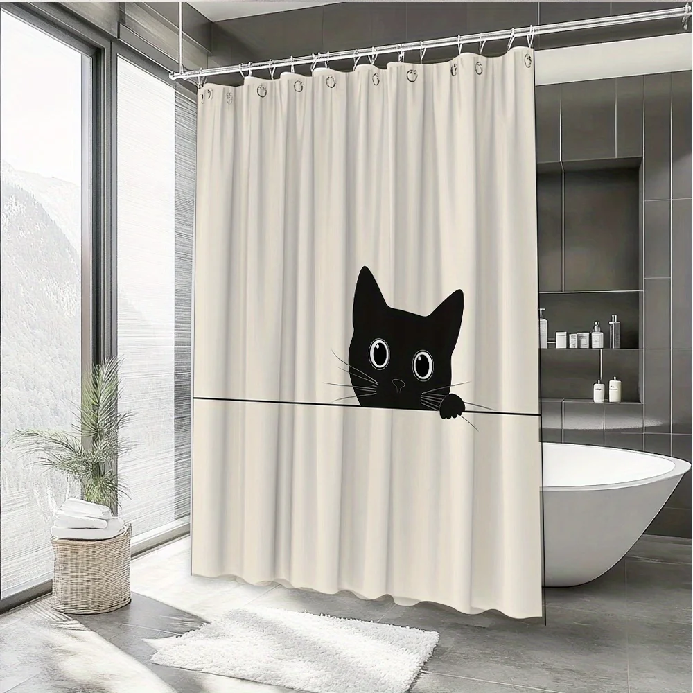 Cute Black Cat Pattern Shower Curtain Bathroom Decoration Polyester Fabric Contains Bathtub Partition Hanging Curtain