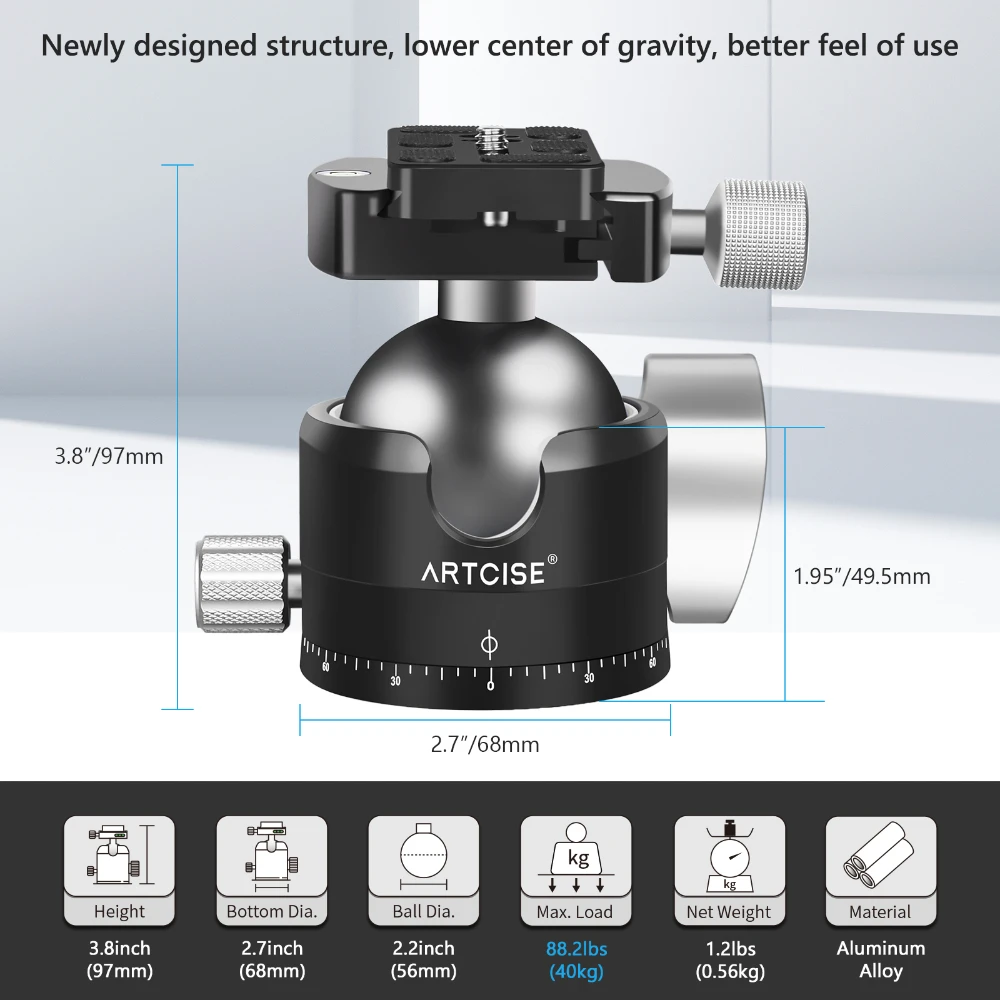 ARTCISE EB56 Low Profile Tripod Ball Head,56mm Ball All Metal CNC 360° Panorama BallHead for Digital SLR Cameras Max Load 40kg - Image 3