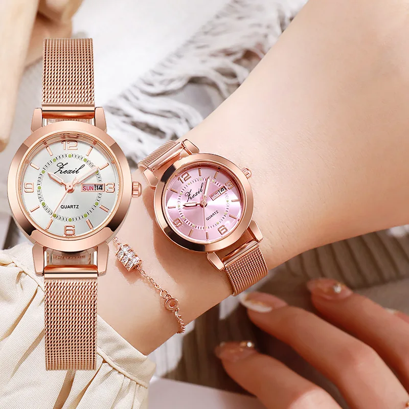 Korean Style Women's Quartz Watch Simple Design Female Watches Luminous Double Calendar Ladies Wristwatch For Daily Wear Office