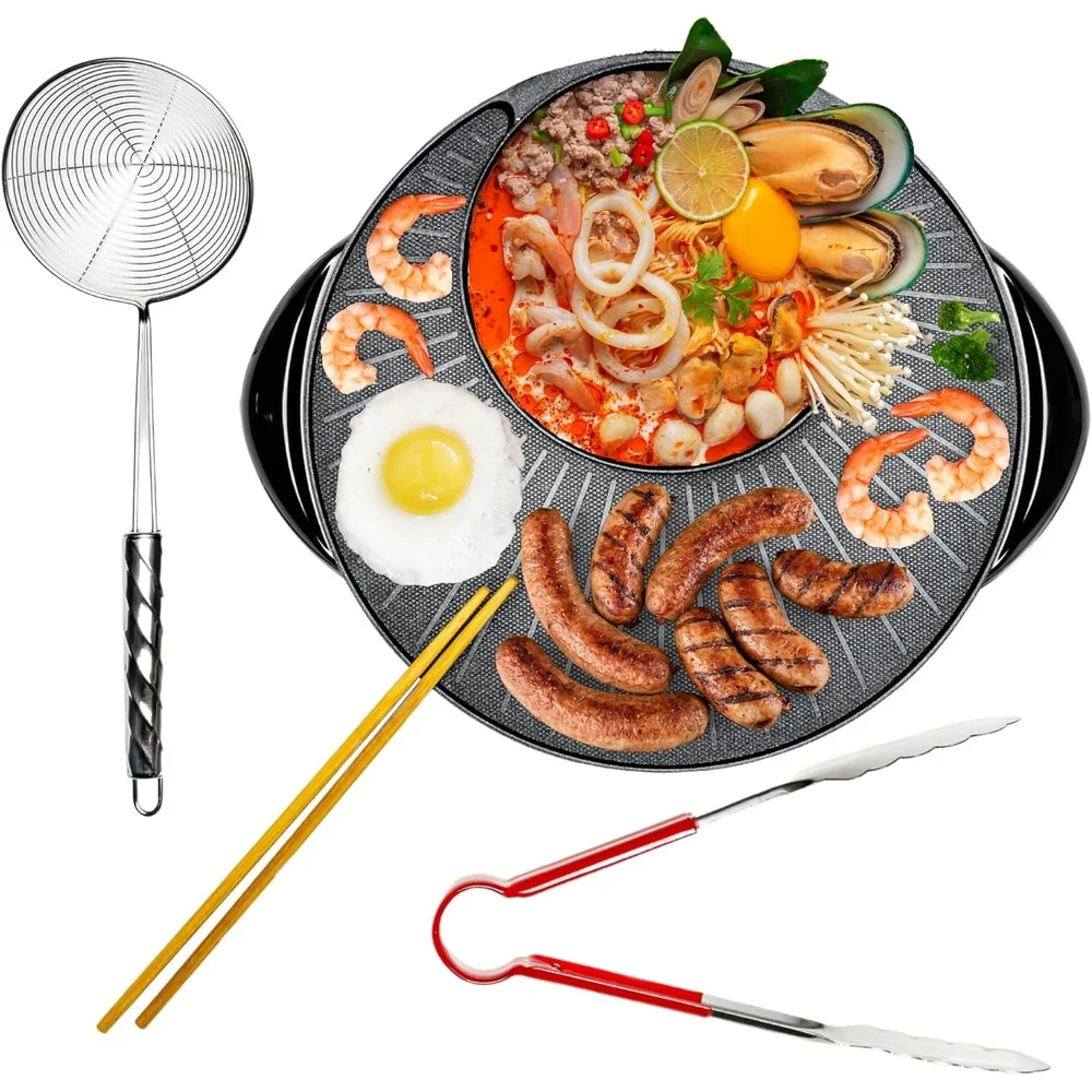 

2-in-1 Electric Hot Pot and Grill Portable Cooker Adjustable Temperature Non-Stick Cooking with Accessories Indoor Outdoor Use