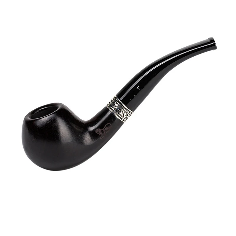 Black Ebony Wood 9mm Flue Filter Tobacco Pipe Men Bent Type Retro Carving Silver Ring Handmade Smoking Pipe Gift Pipe Accessory