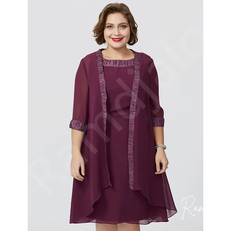 Aangepaste grote maat moeder van de bruid jurk plum chiffon knie lengte met 3/4 mouwen en bijpassende jas bruiloftsgastjurken