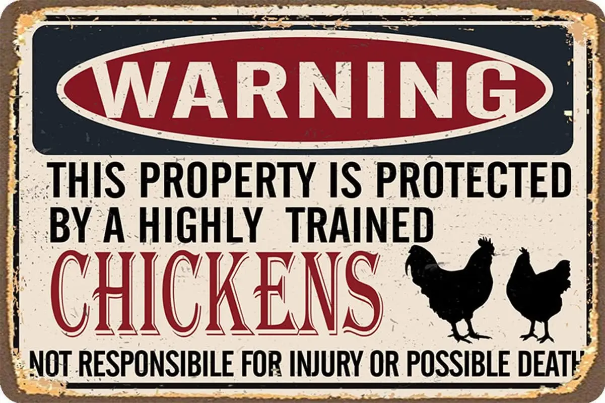 Chicken Coop Signs Metal Sign Warning Property Protected by Chickens Retro Tin Outdoor Vintage Aluminum for Home Coffee Wall Dec