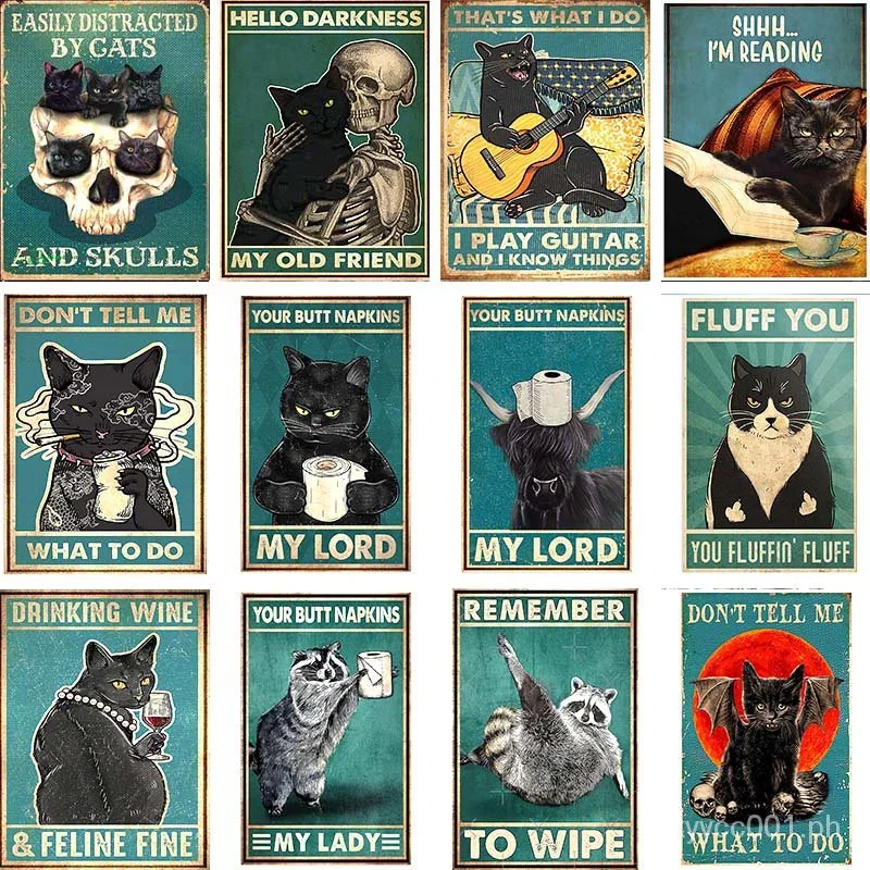 1pc frameless Canvas Painting Vintage Black Cat Poster  Funny Get Naked Art for Bathroom Kitchen Wall Decoration Kawaii Room Can
