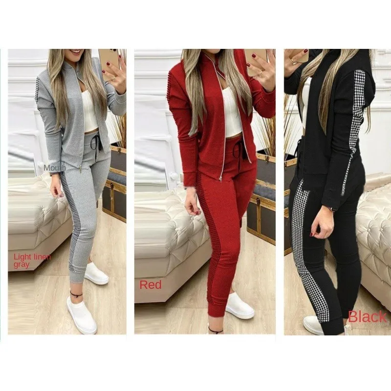 

Spring Leisure Sports Zipper Tops Coat Pants 2 Pieces Sets For Women Striped Stitching Comfortable Activewear Sets