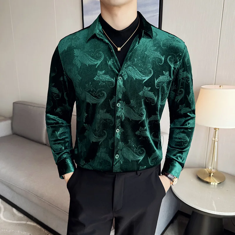 

Autumn Winter Golden Velvet Fake Two Slim Fit Long Sleeved Shirt Men Warm and Casual Business Shirt Social Party Tuxedo Blouse