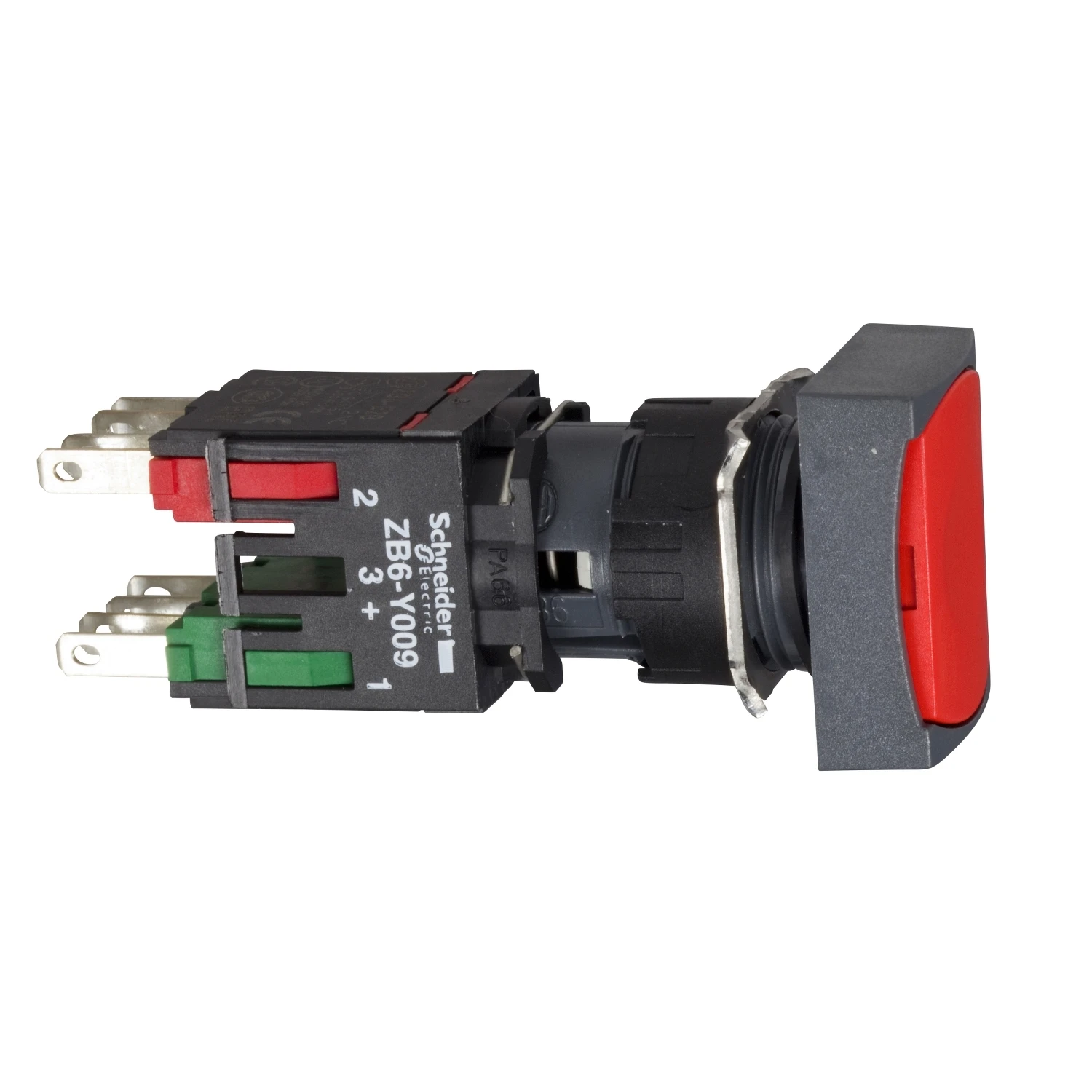 XB6DA45B Complete push button, Harmony XB6, red rectangular flush pushbutton, 16mm, spring return, 1NO + 1NC, unmarked
