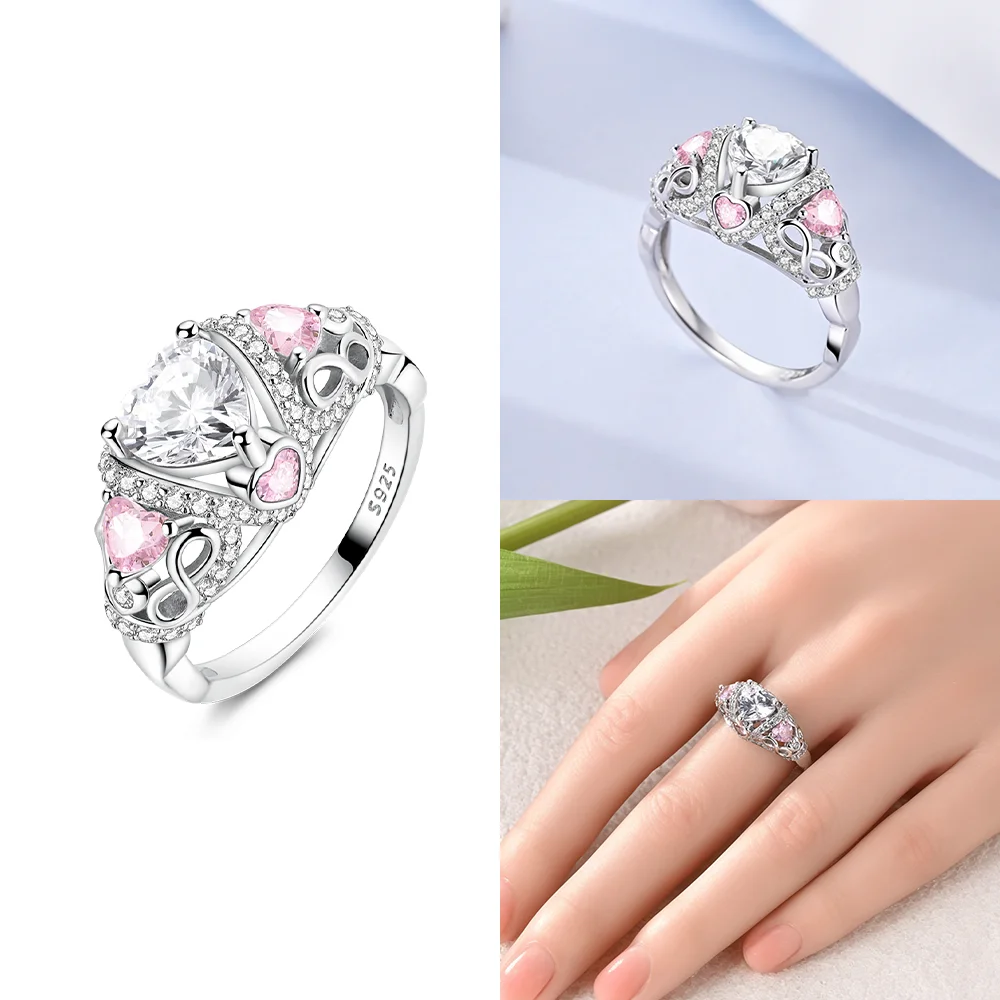 Infinite love Jewelry Black & Pink Heart Shiny Zircon Rings Fashion 2025 New 925 Silver Women Rings for Valentine's Day Gift