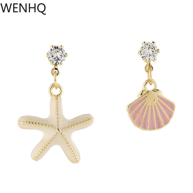 WENHQ New Arrival Gold Color Stud Clip on Earrings Mosquito Coil Ear Clips Asymmetric Shell Starfish Temperament Cuff Earrings