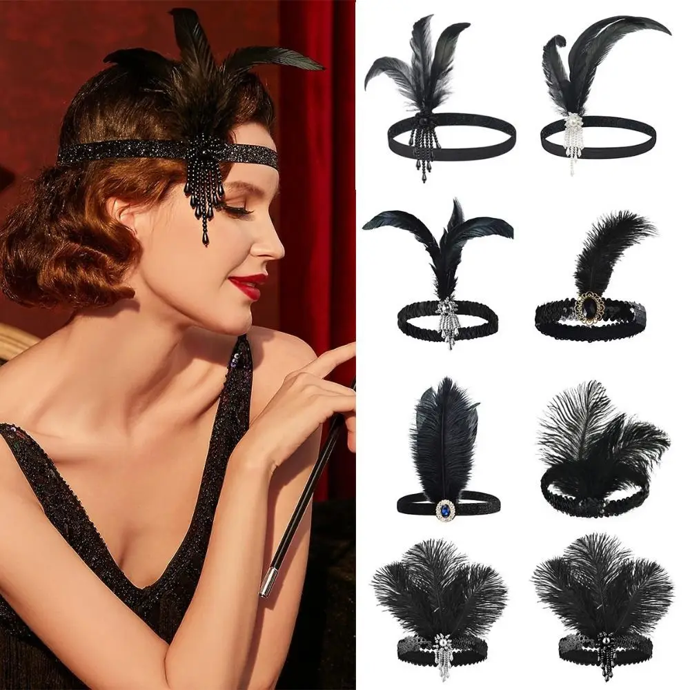 Hair Accessories Feather Headwear Diamond Makeup Party Cosplay Dress Headwear Tassel Black Masquerade Hair Band