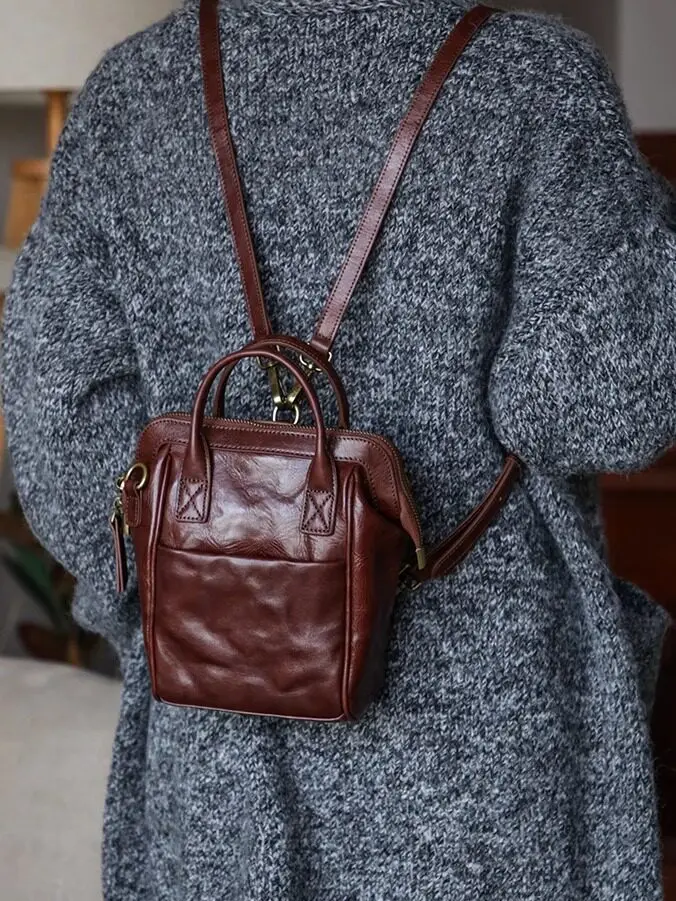 PNDME fashion designer handmade genuine leather ladies multifunctional backpack casual outdoor daily cow leather women's handbag