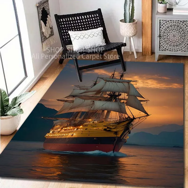 1PC Retro Pirate Sailboat Pattern Carpet for Living Room Bedroom Sofa Home Decor Non-slip Floor Mat Stylish Home Decor