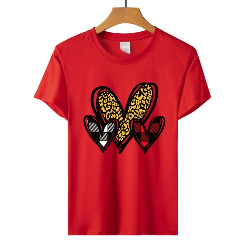 Baumwolle 100 % Valentinstag Neues Produkt: Kurzarm-Damen-T-Shirt mit kariertem Herz-Print und Rundhalsausschnitt mit Leopardenmuster