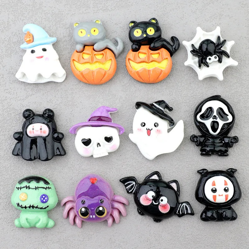 Halloween Kawaii Resin Flatback Cabochons For Doll House Decor Accessories 10pcs Black Ghost Skull Skeleton Resin Charms DIY