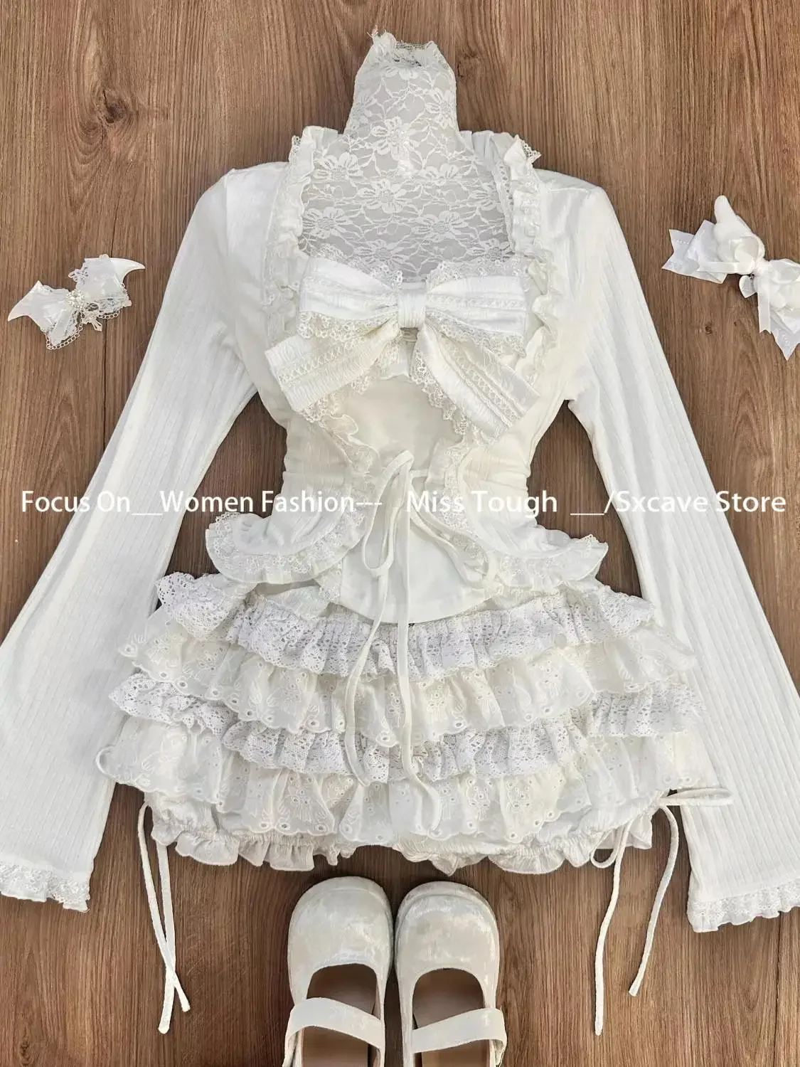 Sweet Lolita Style Sweet 3 Piece Set Woman Slim Ruffles Long Sleeve Cardigan + Lace Bow Camis Vest+ High Waist Ruched Cake Skirt