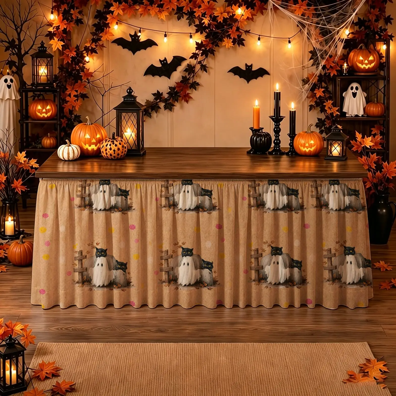 Halloween, Christmas, party scary table skirt 1 piece, cute ghost sitting on wooden fence