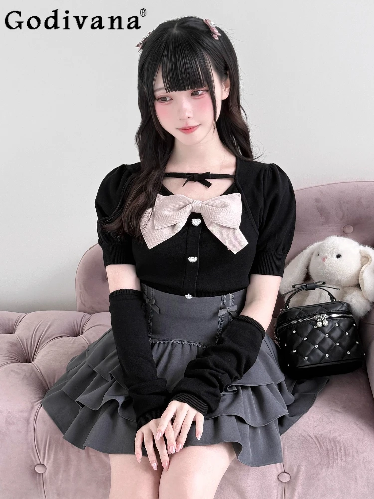 

Оригинальный японский милый вязаный топ с рукавами, новинка лета 2025, женская облегающая футболка с милым бантом для девочек, юбка с высокой талией