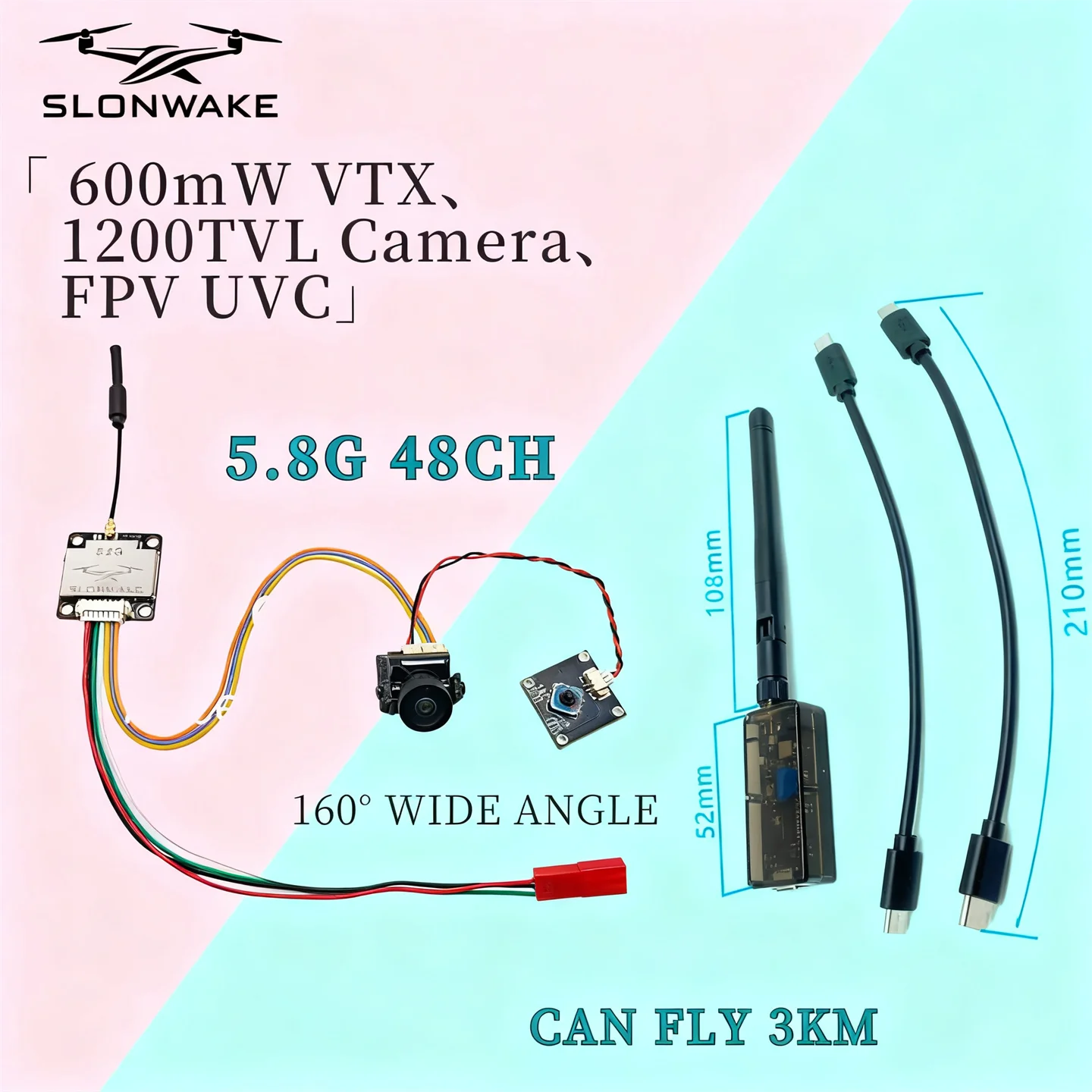 

SLONWAKE 5.8G 48CH FPV 600mw VTX 1200TVL Camera Mobile Phone Receiver Monitor for Racing Drones, RC Cars
