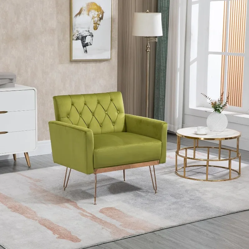 Современный оливково-зеленый акцентный стул, бархатное кресло с обивкой и золотыми металлическими ножками, удобный тафтинговый одноместный диван-стул с подлокотниками