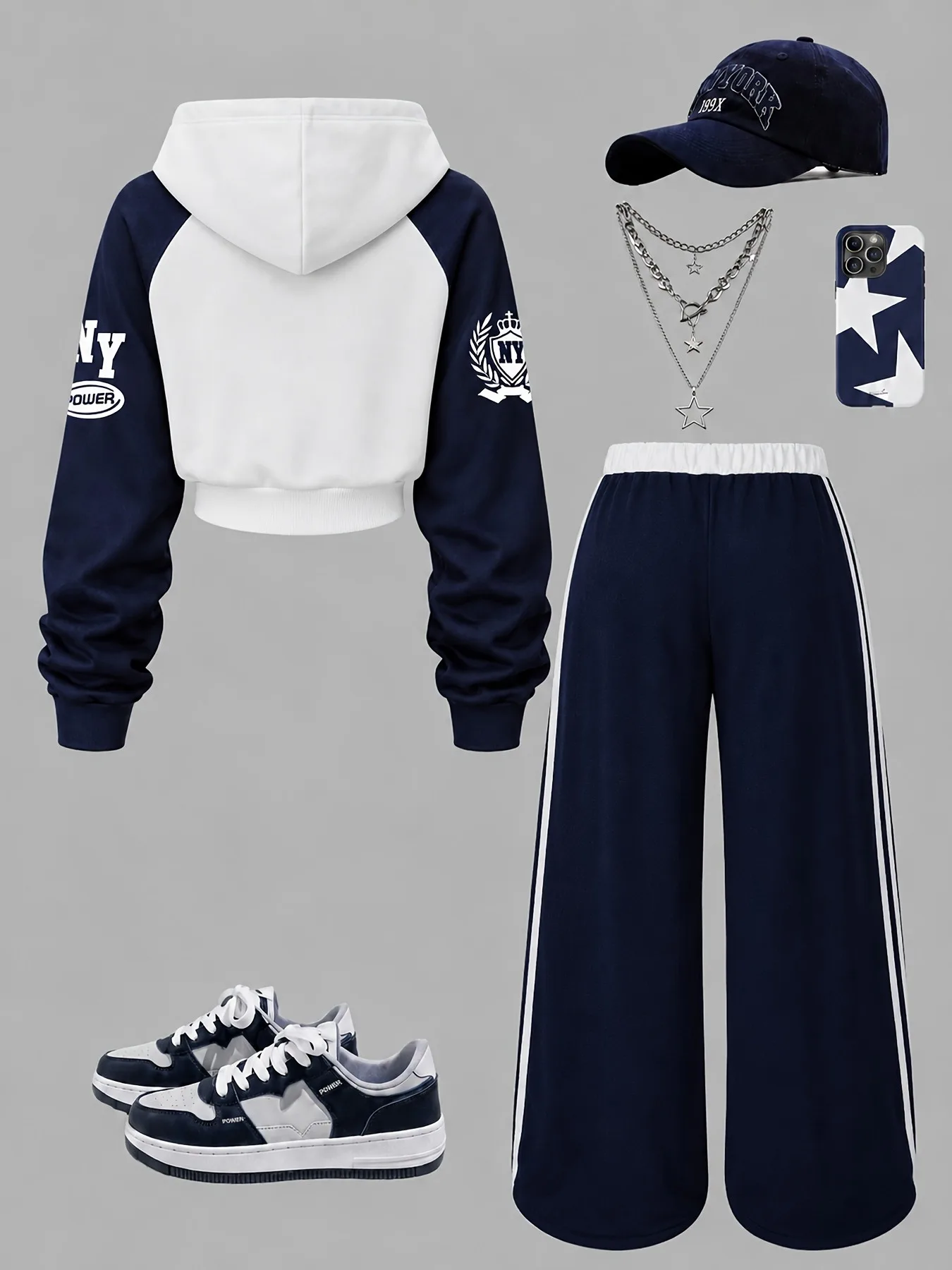 Girls 2Pcs New York 23 Print Colorblock Hoodie Wide Leg Pants Set, Preppy Casual School Tracksuit for Kids