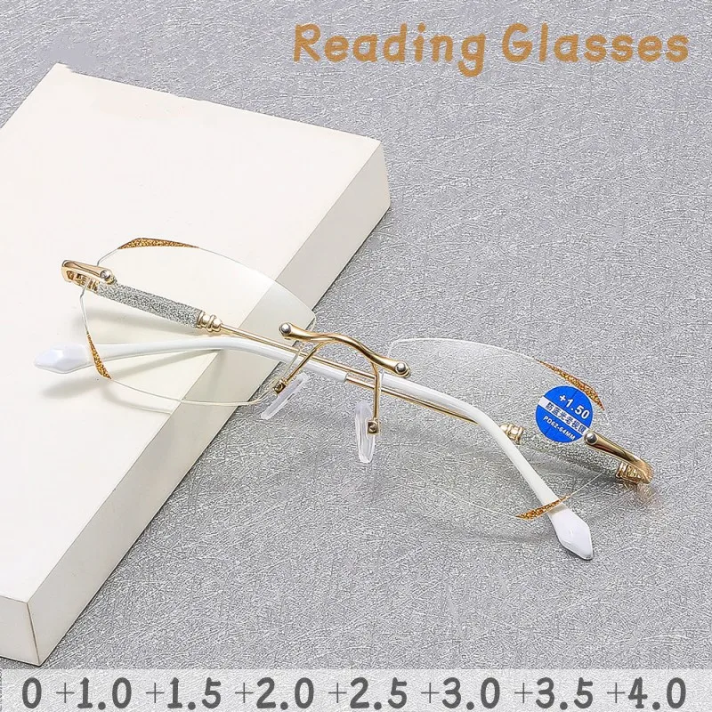 

Luxury Women Anti-blue Light Reading Glasses Diamond Cut Rimless Computer Eyeglasses Ladies Near Sight Eyewear Diopter 0 To +4.0