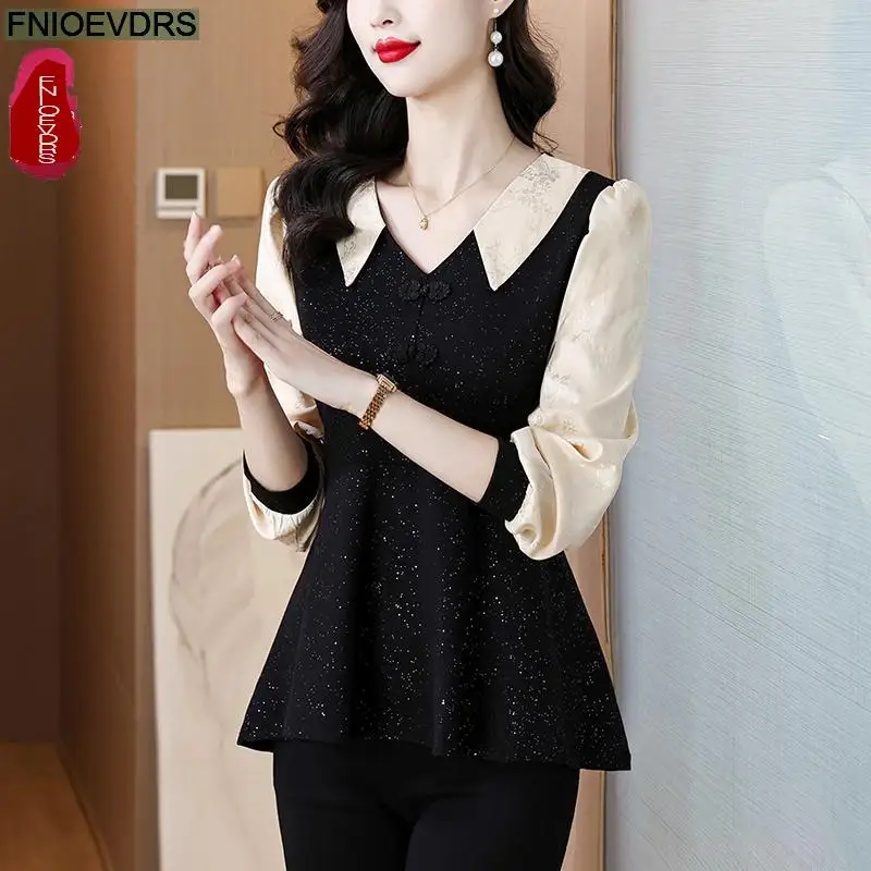 Retro Vintage Black Peplum Bling Tops New Design Women Autumn 2024 Fashion Office Lady Elegant Tunic Button Shirts Blouses