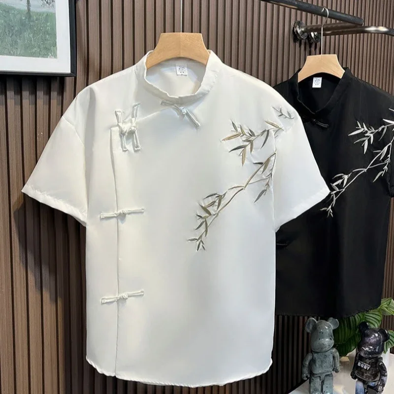 

Рубашка в китайском стиле Y2K, мужская рубашка на пуговицах с лягушкой, свободная уличная одежда, черная модная повседневная футболка с коротким рукавом