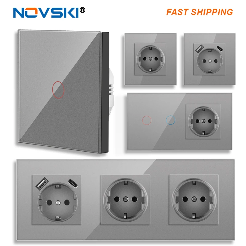 16A Wall Power Socket Europe Russia Spain Germany White Black Grey Crystal Glass Panel Home Improvement 82*82mm