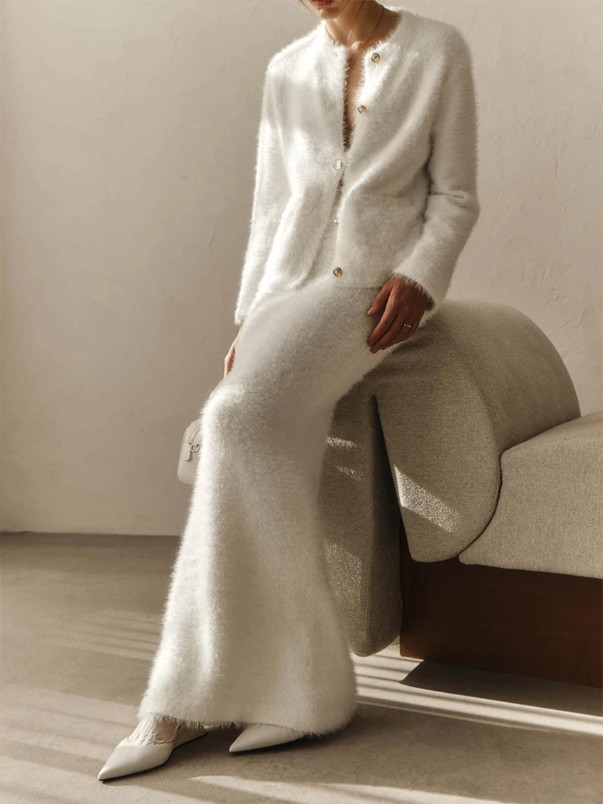 WXOY Women White Fuzzy 2 Piece Maxi Skirt Set Fluffy Loose Cardigan Top Elegant Fall Winter Street Co ord Loungewear Sets
