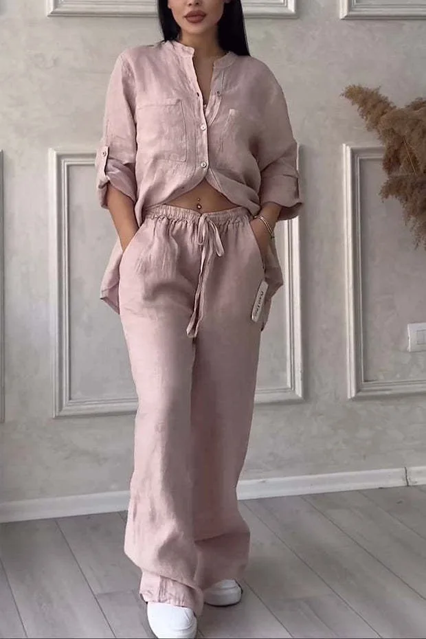 2024 Women Long Sleeve Suit Wide Leg Pants Pocket Shirt Solid Spring Summer New 2PCS Casual Fashion Suits Simple Outfites Office