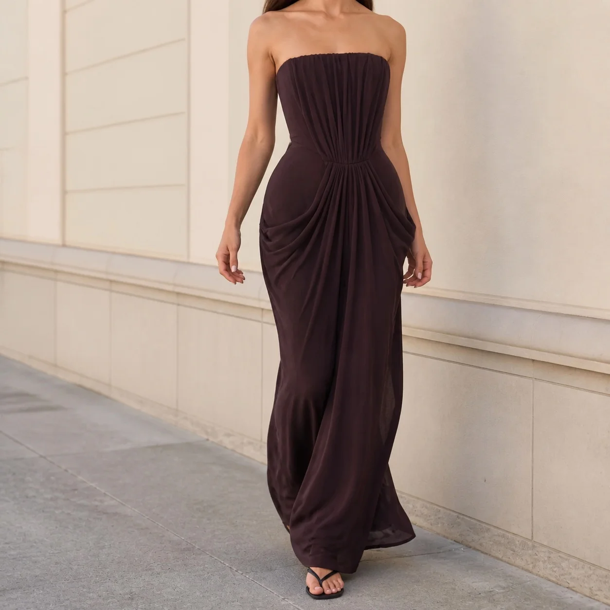 Slim Fit Single Dress Maxi Length Sexy with Private Celebrity Style Spaghetti Strap Sewn Stitching V Neck Dress Summer for Women