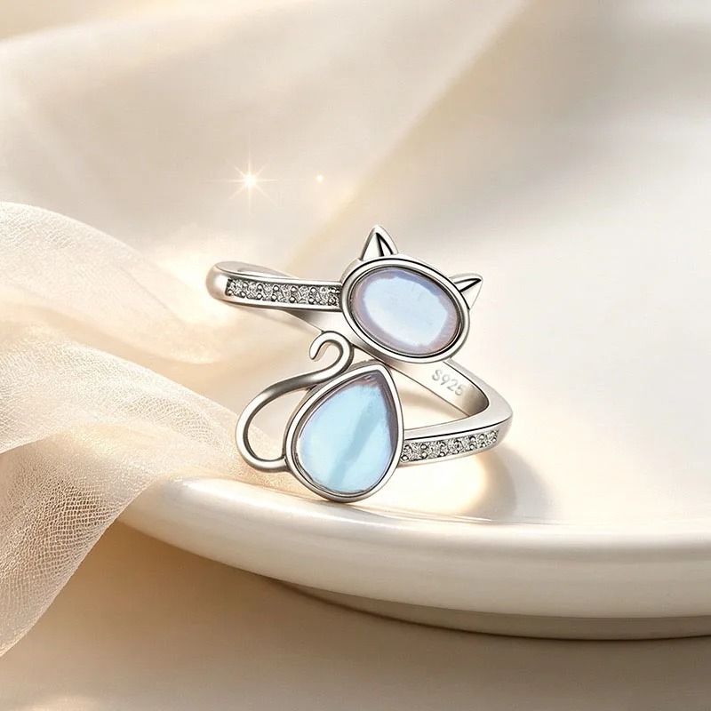 BF CLUB 925 Sterling Rings for Women Simple Geometric Handmade Irregular Retro Cat Moonstone Ring Allergy For Birthday Gift