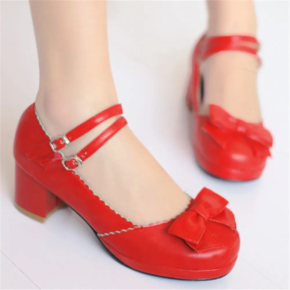 2024 Spring Women Low Heel Round Toe Straps Bow Cute Girls Princess Tea Party Lolita Students Lovely Shoes Size 33-43 Red Purple