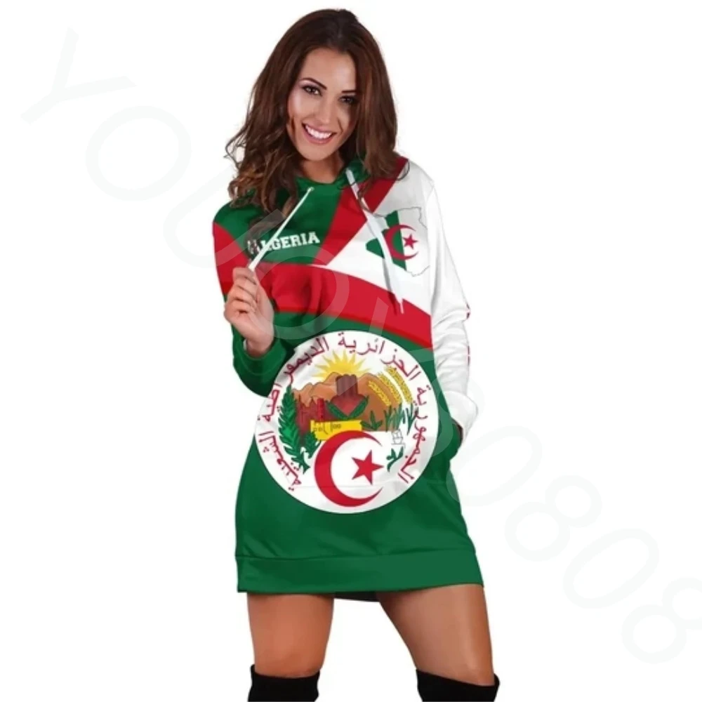 Algeria Country Flag African Indigenous Tribe Vintage 3D Print Harajuku Sexy Women Crew Neck Hoodie Dress Fun Casual