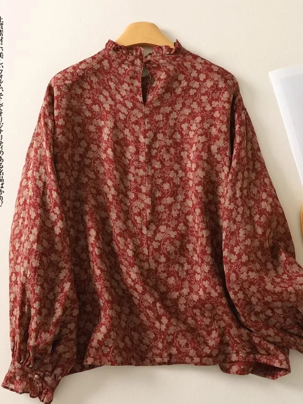 Ele Dames Linnen irt Bloemenprint Oortelkraag Casual Comfortabel Lente Faion Top Koreaanse Sle Woonkleding