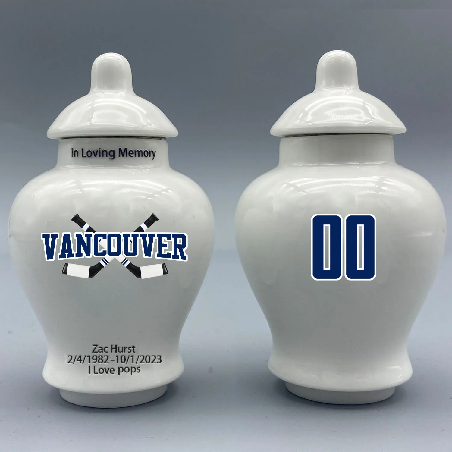 Mini Urn for Vancouver Canucks-themed Hockey Urn.Please send me the customization information - name/date and number on the urn