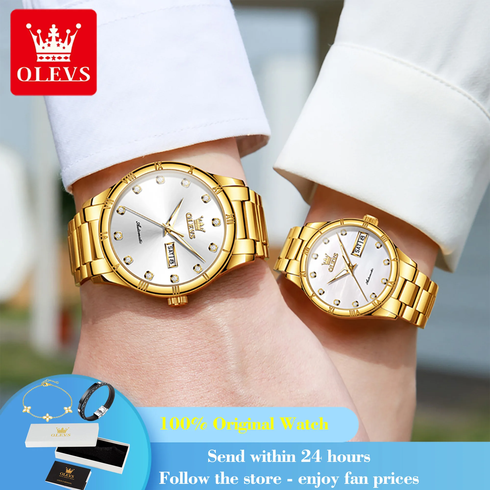 OLEVS 7030 Coppia orologi Doppio calendario Moda scala romana Orologio da polso meccanico con diamanti Orologio automatico luminoso impermeabile