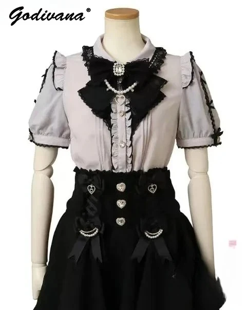 

Japanese Mine Mass-produced Rhinestone Bow Lolita Blouse Sweet Girls Short-sleeved Liz Shirt Cute Tops High Waist Skirts Outfits