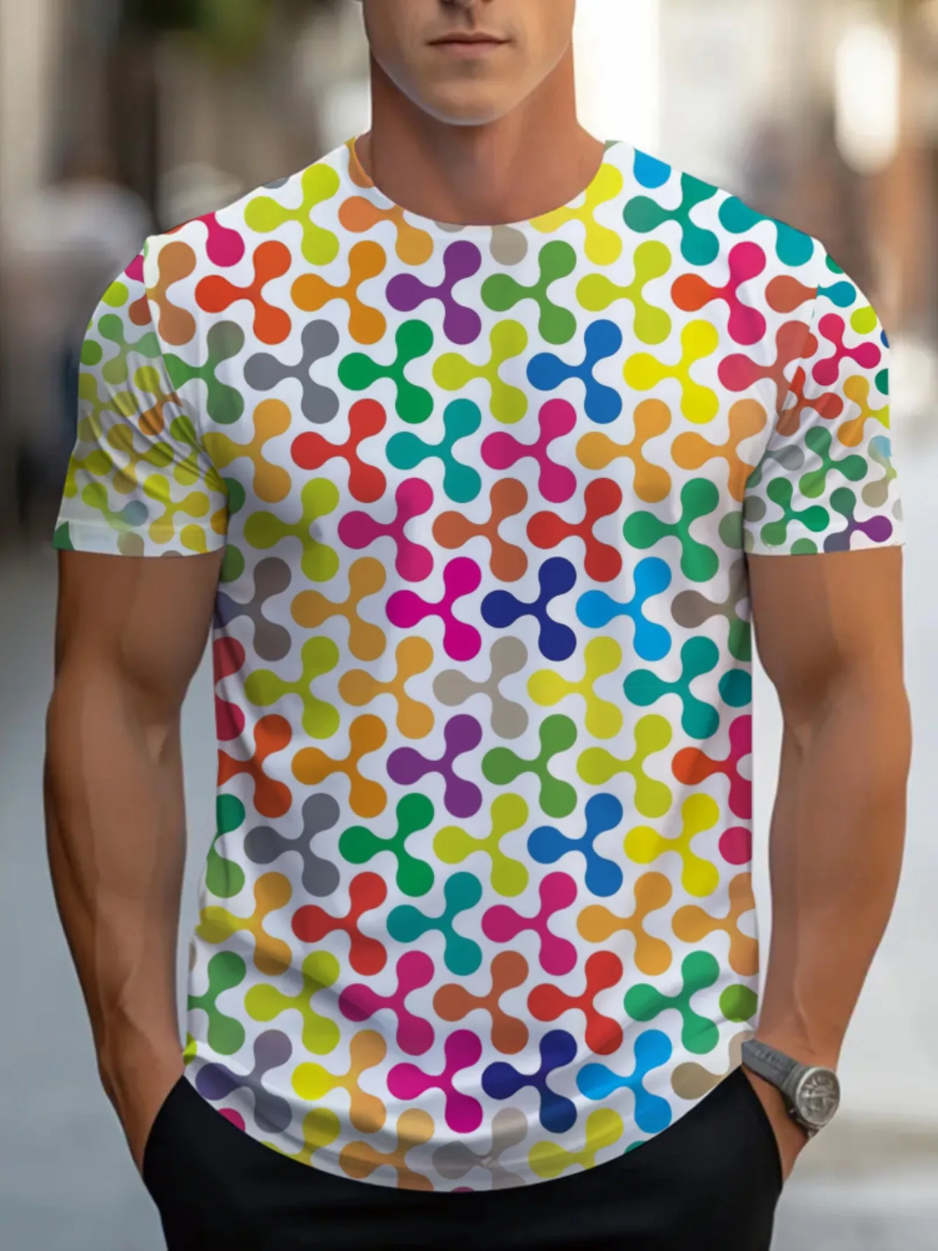 

Мужская яркая красочная футболка с геометрическим узором, удобная, идеально подходит для повседневной летней одежды, эластичная ткань, новинка 2023 года