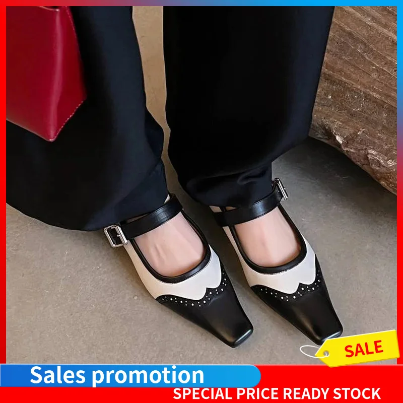 Women Top Layer Cow Leather Color Block Mary Jane Pumps Square Toe One Strap Block Mid Heel TPR Sole Daily Shoes F297