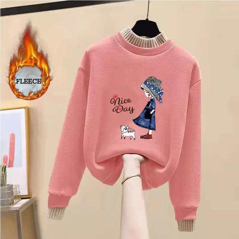 Girls Winter Sweatshirt Thicken Fleece Pullover Tops Fashion Kids Casual Outerwear Teen Lovely Print Underwear Children Clothes